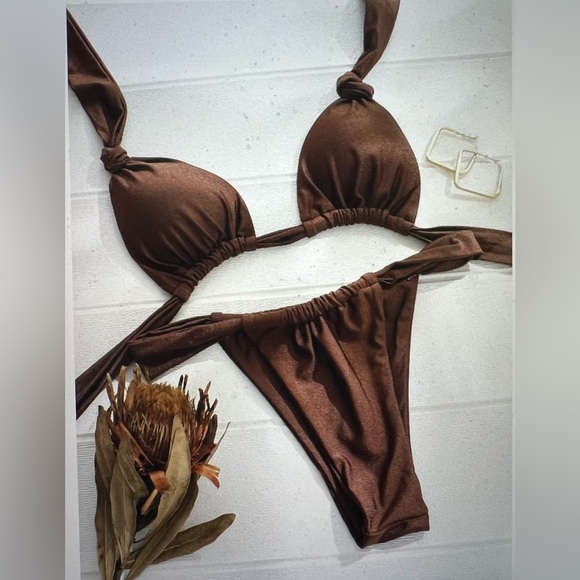 Women's Two-Piece Halter Bikini Swimsuit – Brown – Size XL – Sexy Bandage Style - Picture 7 of 8